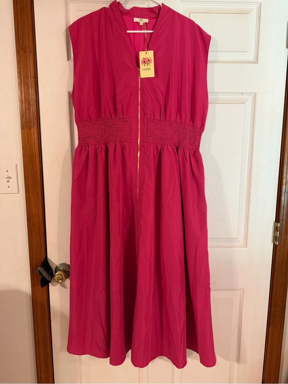 entro Fuchsia Sleeveless Smocked-Waist Zip Front Dress